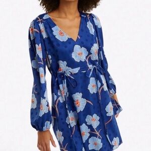Draper James Royal Blue Floral V-Neck Tie-Waist Long Sleeve Dress